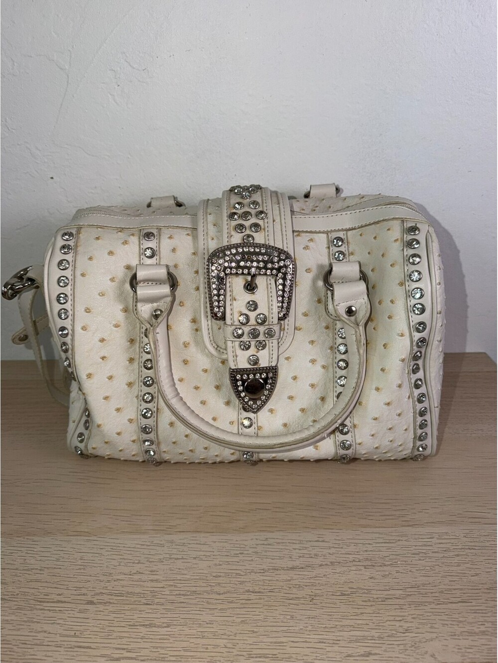 Silverake Western White Faux Ostrich Leather Rhinestone Bling Satchel Handbag